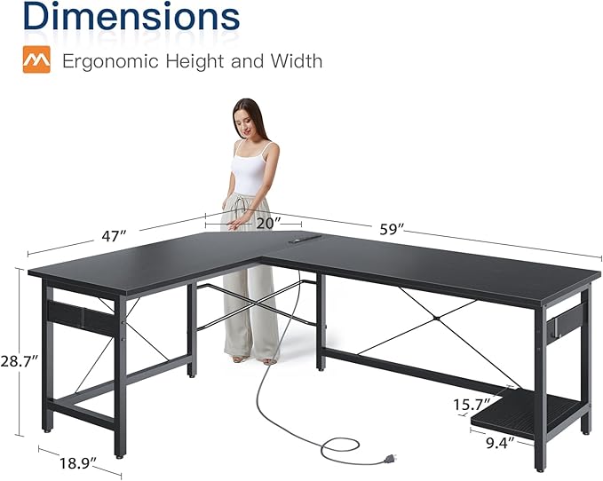 Coleshome 59" L Shaped Gaming Desk with Outlet, L Shaped Desk with CPU Stand, Corner Computer Desk, Home Office Desk, Writing Desk, Black