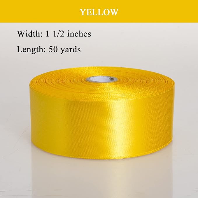 1 1/2 Inch Yellow Solid Satin Ribbon, 50 Yards Craft Fabric Ribbon for Gift Wrapping Floral Bouquets Wedding Party Decoration