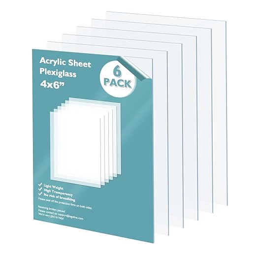 Egofine Plexiglass Sheets Acrylic Sheets 6 Pack of 4x6’’ 0.04 Thick Clear Plastic Cast Transparent Plexi Glass for Crafting Projects, Replacement Picture Frame Glass, DIY Display, Easy to Cut