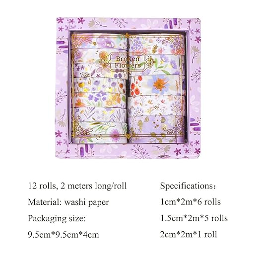 MAFELOE 2 Meters Long 12 Rolls Washi Tape Set, Decorative Adhesive Supplies for Scrapbook Journaling Junk Bullet Art Collage-Floral Print Series-Purple (HZ-3Y-SHMJ-01)