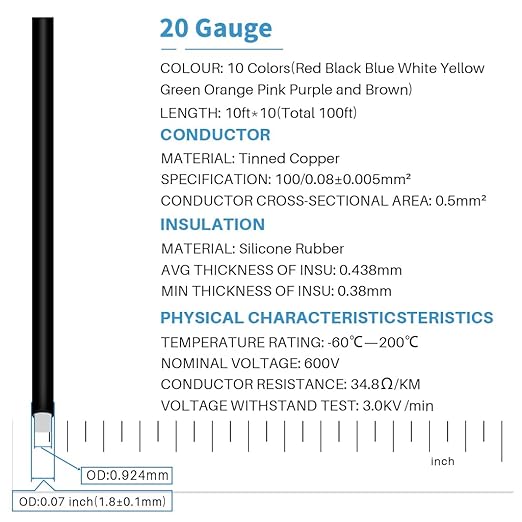 BNTECHGO 20 Gauge Silicone Wire Kit 10 Color Each 10 ft Flexible 20 AWG Stranded Tinned Copper Wire