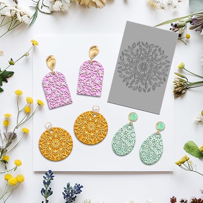 4PCS Polymer Clay Texture Sheets Set for Using with Clay Cutters Boho Clay Mat Effect as Texture Roller DIY Craft Tools Earing Jewelry Making