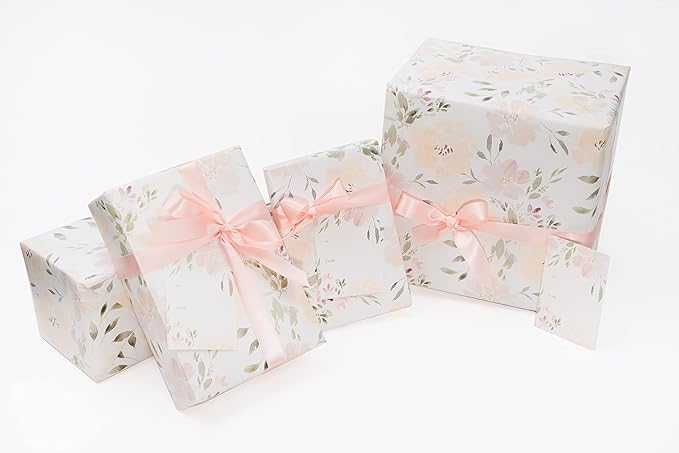 Itsy Belle Studio Floral Wedding Wrapping Paper sheets + Ribbon Set with Tags - White Gift Wrap, Pink Floral, Boho Bridal Shower