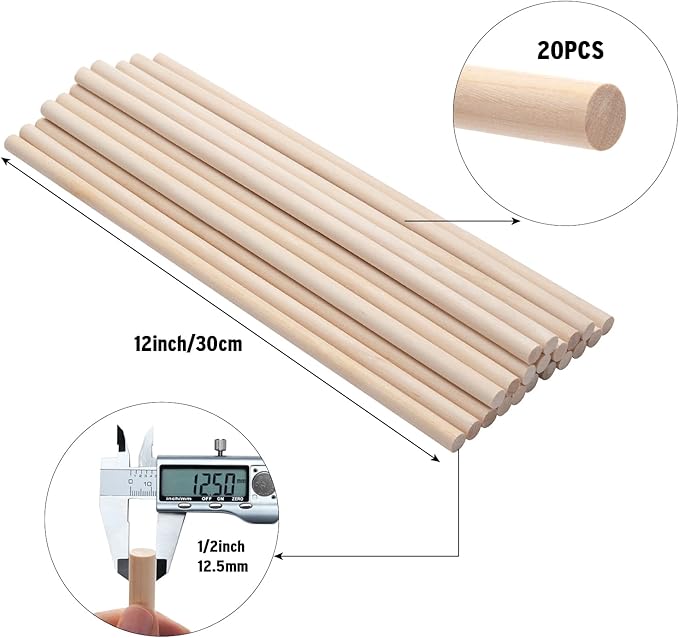 20 PCS Wooden Dowel Rods Wood Macrame Dowels 1/2x 12 inch, Round Wooden Sticks for Crafts, Unfinished Hardwood Sticks for Arts and DIYers, Crafting, Tiered Cake Support and Wedding Ribbon Wands