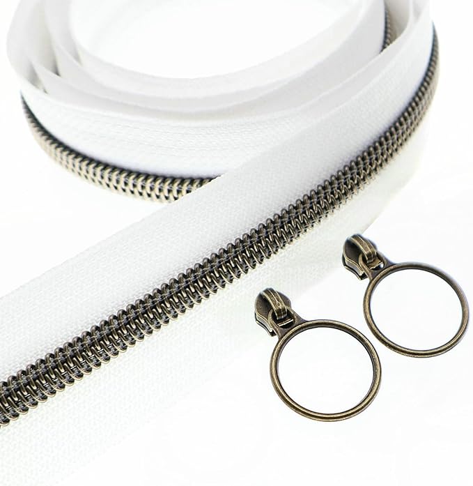 Leekayer #5 Antique Brass Metallic Nylon Coil Zippers by The Yard Bulk 10 Yards White Zipper Tape with 25pcs Antique Brass Ring Pull Sliders for DIY Sewing Tailor Craft Bag(White)