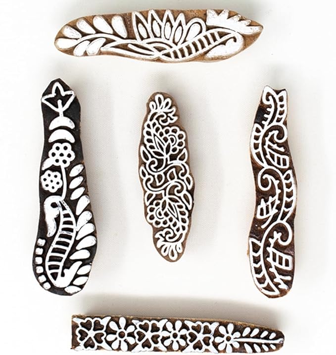 Mehndi Print Blocks Stylish Border Pattern Wooden Stamps - Handcarved Indian Textile Printing Blocks for Henna Mehndi Clay Pottery Hashcart® | Set of 5 |