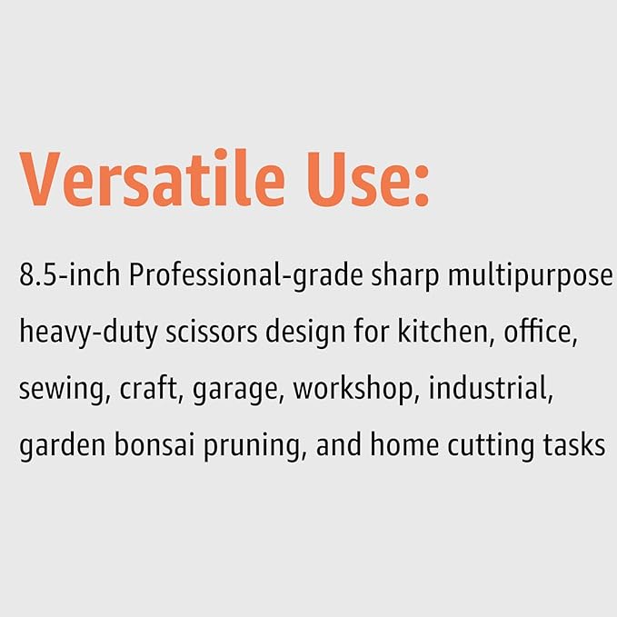 Heavy Duty All Purpose Scissors, Stainless Steel Blades, Black Orange Comfort Grip Handle, 8.5 Inch Professional Multipurpose Utility Sharp Shears for Kitchen, Garden, Office, Craft, Sewing