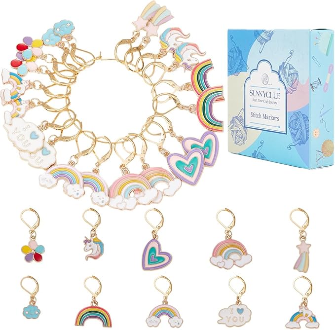 SUNNYCLUE 1 Box 20Pcs Knitting Stitch Markers Crochet Rainbow Colorful Leverback Charms Cute Crochet Markers for Knitting Weaving Sewing Needleworks Women DIY Craft