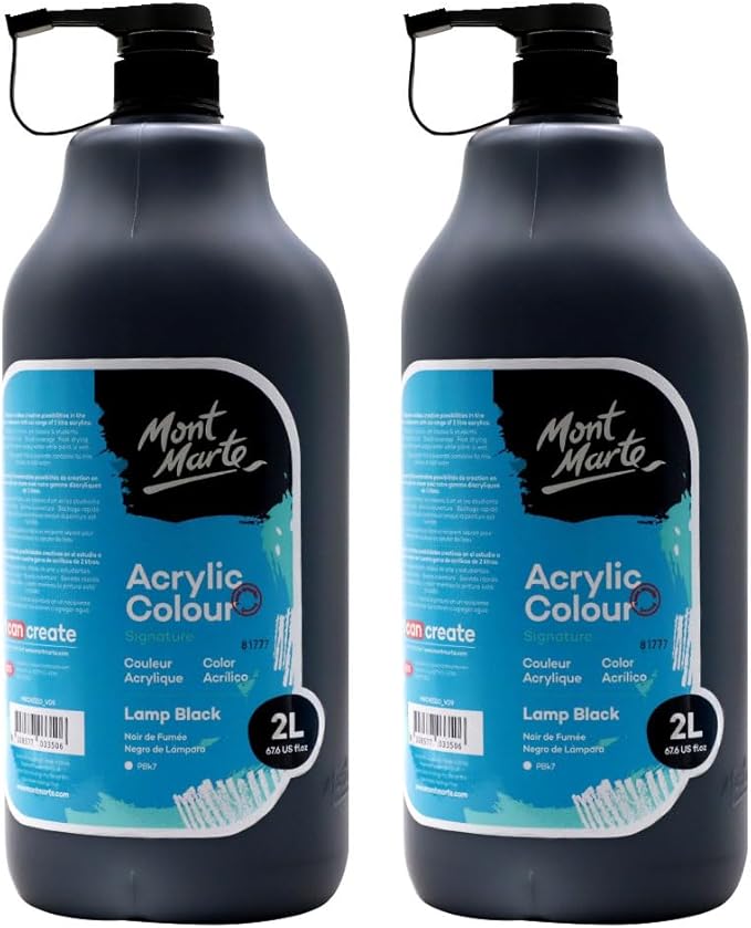 Mont Marte Discovery School Acrylic, 2 PACK, Black, 1/2 Gallon (2 Liter). Ideal for Students and Artists. Excellent Coverage and Fast Drying. Pump Lid Included.