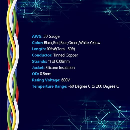 Fermerry 30 AWG Stranded Wire Spool 10ft Each 6 Colors Flexible 30 Gauge Silicone Hook up Wire Kit Electrical Tinned Copper Wire
