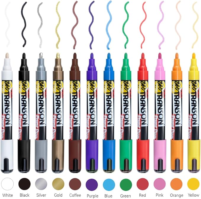 TRANSON 12 Colors Permanent Paint Markers for Fabric Rock Craft Diy Painting Medium Tip Oil Based Waterproof