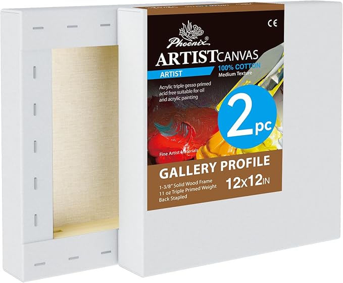 PHOENIX 12x12 Inch 2 Pack Gallery Canvas - 1.5 in Thick Square Canvases for Painting - Deep Edge 100% Cotton 11 Oz. Gesso Primed White Blank Professional Canvas Oil & Acrylic Paints