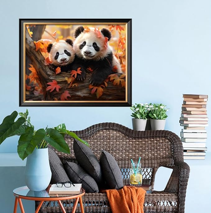 Leczany Cross Stitch Stamped Kit for Adults or Kids - Two Little Pandas | DIY Embroidery Starter Patterns Craft Kit Needlepoint for Beginner | 11CT, 3 Strands | 16.9x13 inches