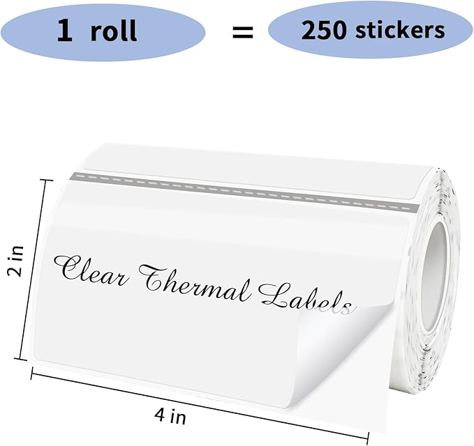 2" x 4" Transparent Thermal Label Stickers,Waterproof Thermal Printer Sticker Labels for Gift Wrapping, Self-Adhesive Name Price Tag DIY Custom Logo Design (250 pcs,Clear)