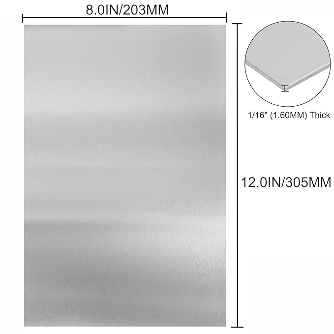 304 Stainless Steel Sheets Metal 8" x 12" x 1/16" (1.60MM) Inch 304 Stainless Steel Plates 16 Gauge Stainless Steel Shim Stock Plates Metal Sheets for Crafting, Stovetop, Snow Frosted Surface