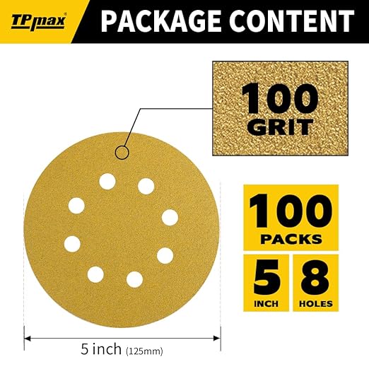 100PCS 5 Inch 100 Grit 125mm 8 Hole Sanding Discs Sandpaper - Premium Gold Round Hook and Loop for Random Orbital Sander - Ideal for Wood, Metal, Automotive