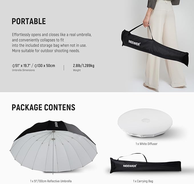NEEWER 51"/130cm Parabolic Reflective Umbrella Photography with White Inner, Soft Lighting with Diffuser Cover, Bag, Quick Fold for Camera Photo Studio Video Light Shooting Monolight Flash, NS2U