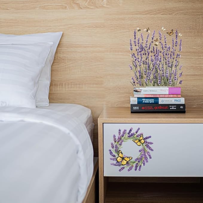 GLOBLELAND 4 Sheets Lavender Furniture Transfer 6x12inch Butterfly and Bee Rub on Transfer Sticker UV Self-Adhesive Wall Art Craft for Bedroom Living Room Desk Table Decoration