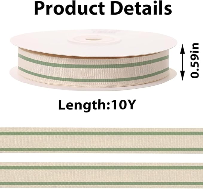 10 Yards × 3/5 Inch Green Natural Cotton Ribbon, Double Sided Webbing Straps Ribbons, Birthday Wedding Valentines Ribbons for Crafting, DIY Sewing, Gift Wrapping