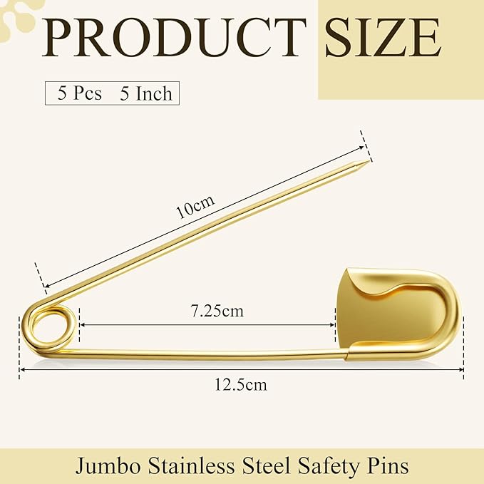 Juexica 5 Pcs 5 Inch Jumbo Stainless Steel Safety Pins Large Heavy Duty Huge Strong Laundry Pins for Upholstery Sewing Quilting Key Rings Craft Outdoor (Gold)