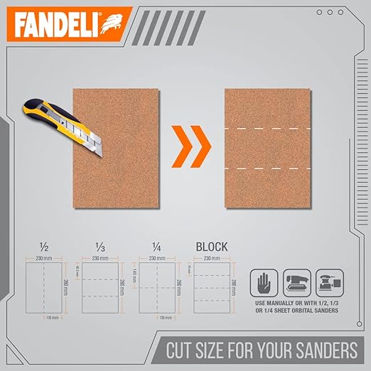 Fandeli | Multi-Purpose Sandpaper | 100 Grit | 50 Sheets of 9'' x 11'' | Ideal for Sanding Metal, Untreated Wood and Painted Surfaces | Sandpaper Sheets | Sandpaper Grit.