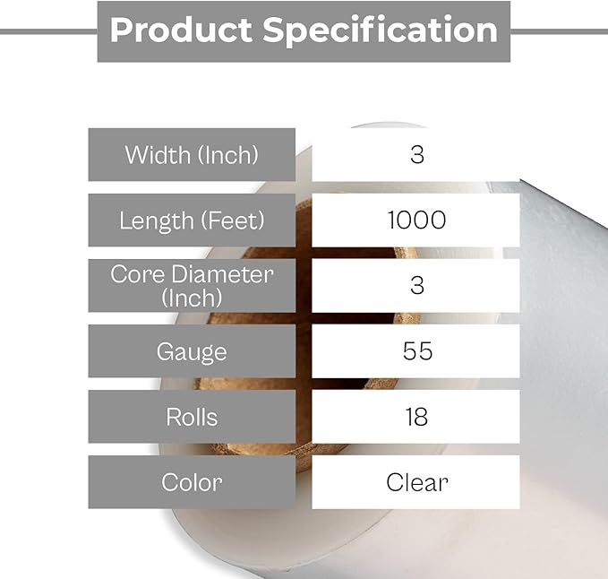 PSBM Mini Stretch Wrap with Handle, 18 Pack, 3 Inch x 1000 Feet, 55 Gauge, Clear High Performance Small Plastic Cling Film for Pallets Moving Storing