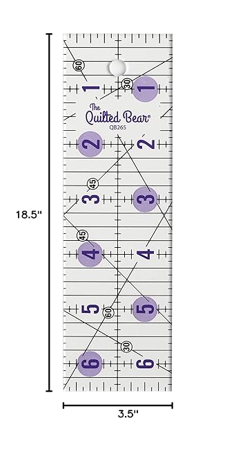 The Quilted Bear Quilting Rulers - Transparent Acrylic Non Slip Quilting, Patchwork & Sewing Ruler with Clear Black Lines & 30, 45 & 60 Degree Angles for Perfect Accuracy & Precision (2" x 6.5")