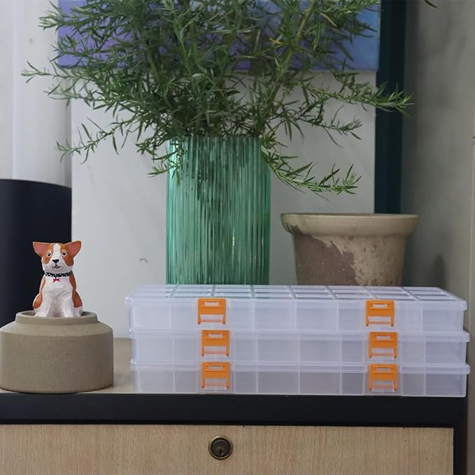 BangQiao 3 Pack 24 Grids Clear Plastic Storage Box with Dividers, Transparent Organizer Container Case for Small Parts, Bead, Button, Jewelry, Diamond, Craft Supplies,Sewing Kit, DIY Accessories