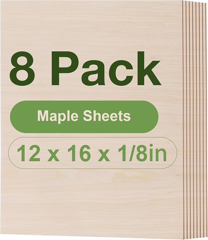 8 Pack Maple Plywood Sheets, 12 x 16x 1/8 Inch, 3mm Plywood for Laser Cutting, Thin Unfinished Wood Sheets for Architectural Models, Wood Burning and DIY Wood Crafts