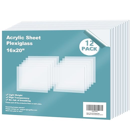 Egofine Plexiglass Sheets Acrylic Sheets 12 Pack of 16x20’’ 0.04 Thick Clear Plastic Cast Transparent Plexi Glass for Crafting Projects, Replacement Picture Frame Glass, DIY Display, Easy to Cut