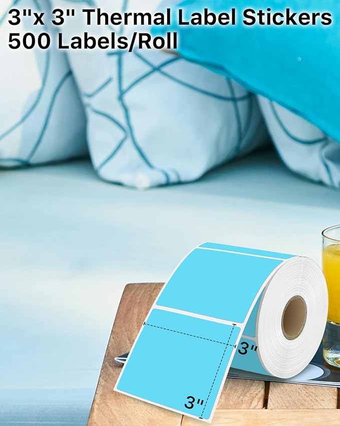 iEager Blue Square Thermal Label Stickers, 3" x 3" Self-Adhesive Square Direct Thermal Labels with Perforation Line, 500 Sheets/Roll