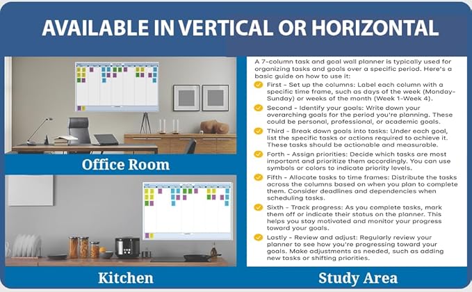 Sky Blue 7-Column Task, Goals & Objective Wall Horizontal Organizer 32" x 48". Complete with Marker