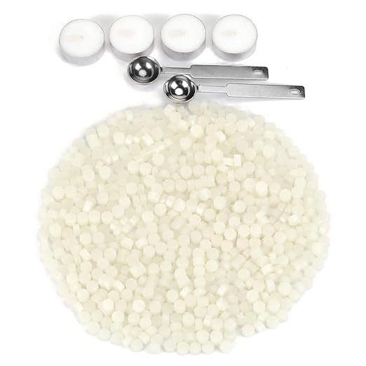 Yoption 360Pcs Cream White Sealing Wax Beads with 2 Spoons and 4 Tea Candles for Wax Seal Stamps, Cards, Wedding Invitations, Wine Packaging, Gift Wrap, Envelopes