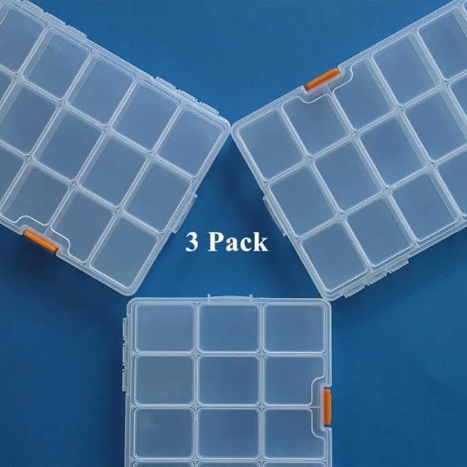 BangQiao 3 Pack 24 Grids Clear Plastic Storage Box with Dividers, Transparent Organizer Container Case for Small Parts, Bead, Button, Jewelry, Diamond, Craft Supplies,Sewing Kit, DIY Accessories