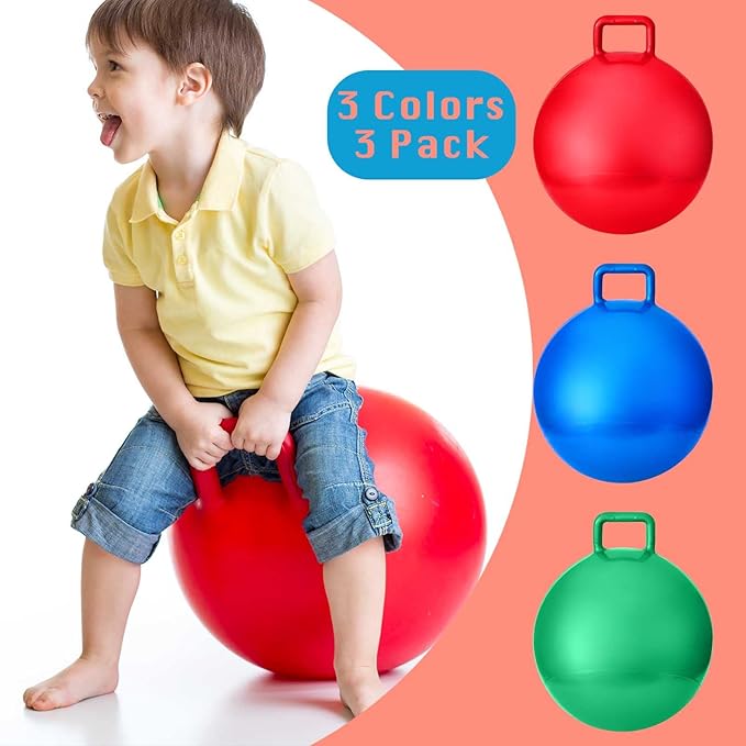 Lewtemi 3 Pcs 18 Inch Bouncing Ball with Handle, Outdoors Hopper Jumping Hopping Ball and Air Pump for Sports Exercise (Red, Blue, Green)