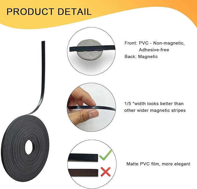 Magnetic Tape Roll Thin Strip, 1/5 Inch x 33 Feet Magnet Tape Line for Classroom Office, Magnetic Boarders for Witeboard (Black)
