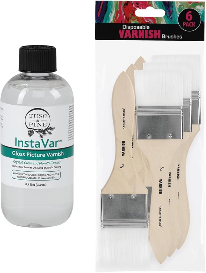 Jerry's Artarama InstaVar™ Gloss Picture Varnish & Varnish Brush Sets - Perfect for Varnish Paintings, Artists, Professionals, Restoration, & More! - 8.4oz Bottle w/ Set of 6 Brushes