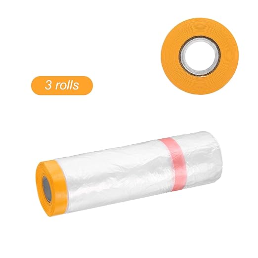 HARFINGTON 3 Rolls Pre-Taped Masking Film 126" x65.6ft Double Adhesive Tape and Drape Painters Plastic Drop Cloth Film with Tape Plastic Sheeting for Automotive Painting Covering