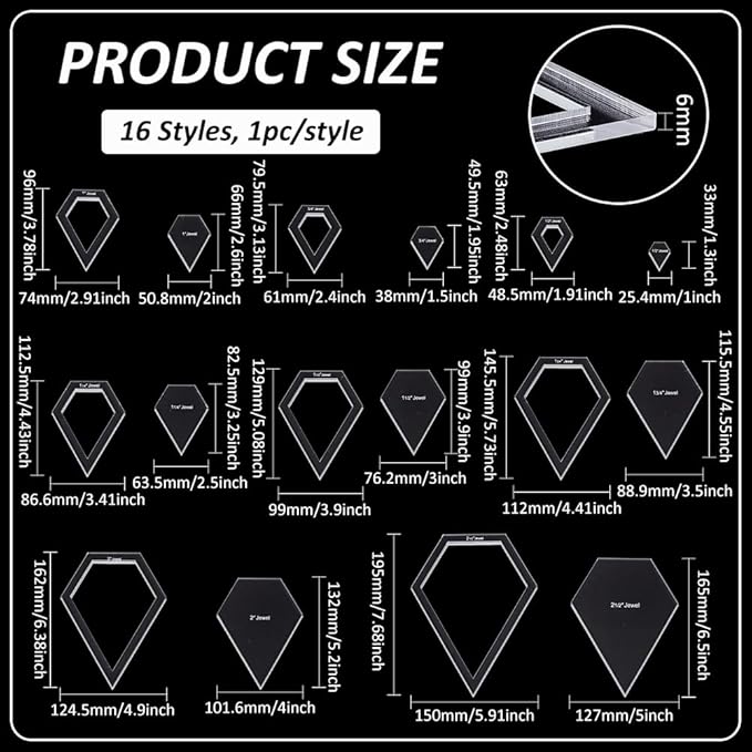 BENECREAT 16 Sizes Jewel Quilting Template, Acrylic Intricate Sewing Machine Ruler, Transparent Pressure Plate Router Template for DIY Hand Patchwork Cutting Craft, 6mm Thick