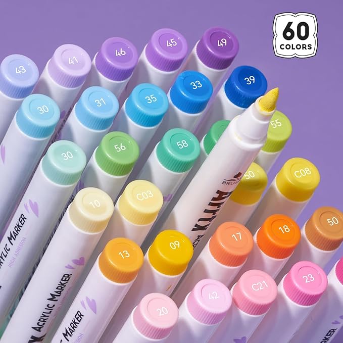 Arrtx 60 Colors Paint Markers Pens, Acrylic Paint Pens for Artists Adults Coloring Drawing Cartoon Anime Comic - Brush Tip for Rock Painting, Wood, Canvas, DIY Crafts Making Art Supplies-60B