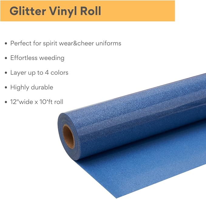 Royal Blue Glitter HTV Roll -12" x10ft Iron on Heat Transfer Vinyl for DIY Shirts Gifts