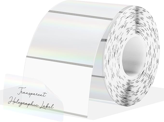 3x2 Inch Transparent Holographic Thermal Labels Stickers, Clear Self-Adhesive Direct Thermal Labels, Perforation Line Design& Waterproof- 200 Sheets