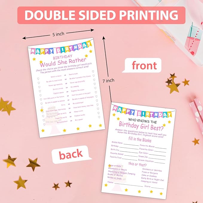 Birthday Party Games Set for Girls- 20 Birthday Double Sided Games Cards Set- Girls Birthday Party Activity Notebook Themed Party Activity and Idea - Girl Birthday Party Supplies, Decorations