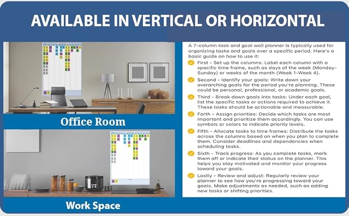 Sky Blue 7-Column Task, Goals & Objective Wall Vertical Organizer 56" x 36". Complete with Marker