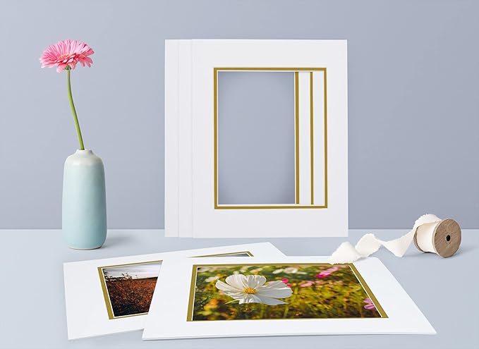 Golden State Art, 11x14 Double Mats for 8x10 - for Photos, Pictures, Frames - Acid-Free, 5 Pack, Off White Over Old Gold