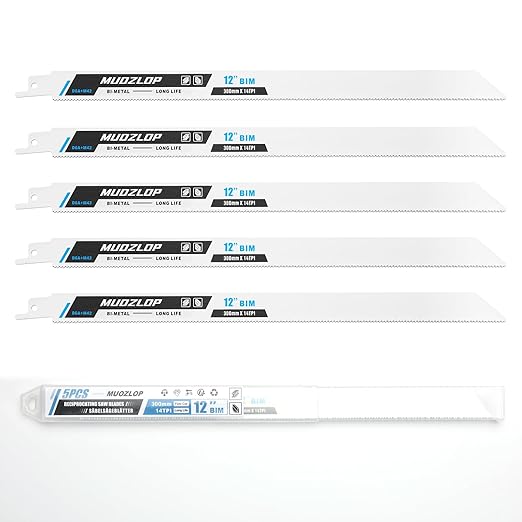 5 Pack 12 inch Reciprocating Saw Blades Set,14 TPI High Carbon Saw Blades, Metal Saw Blades with Organizer Case (5, 14TPI/300mm)