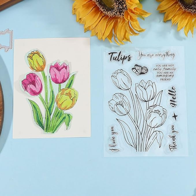 ORIGACH Tulip Layering Stencil Stamp and Die Set for Card Making, Flower Stencil Template Silicone Clear Stamps and Metal Die Sets for DIY Scrapbooking Photo Album Crafting