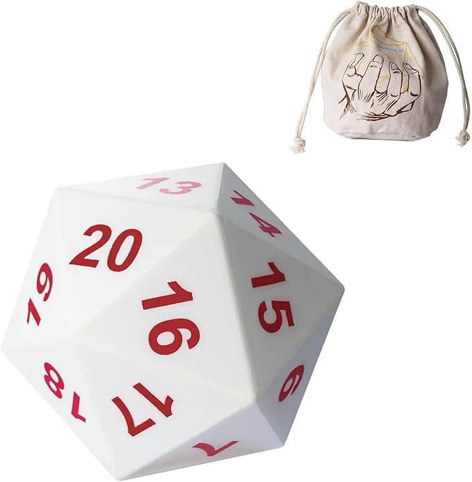 Large D20 Foam DND Dice, 80mm Spindown D&D RPG 20 Sided Dice with Drawstring Bag for Role Playing Games （White ）