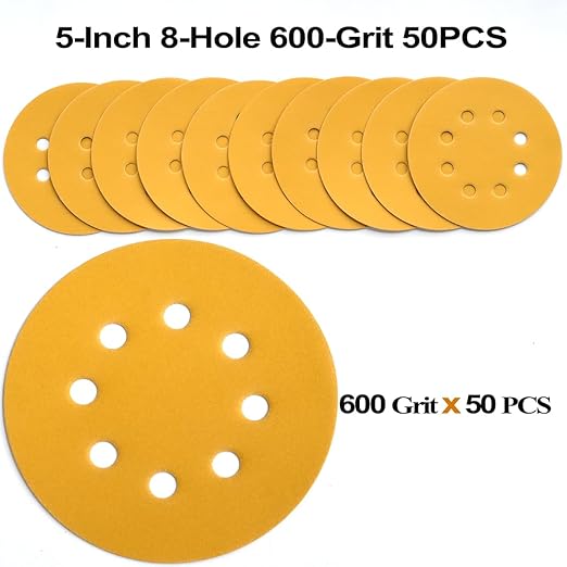 5-Inch 8-Hole Hook and Loop Sanding Discs 600-Grit Random Orbit Sandpaper, 50-Pack