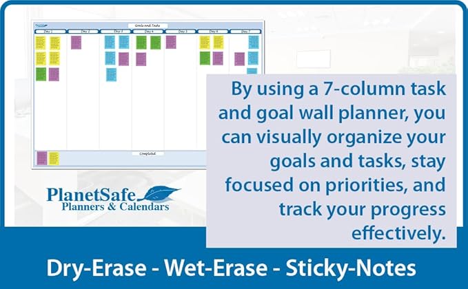 Sky Blue 7-Column Task, Goals & Objective Wall Horizontal Organizer 32" x 48". Complete with Marker